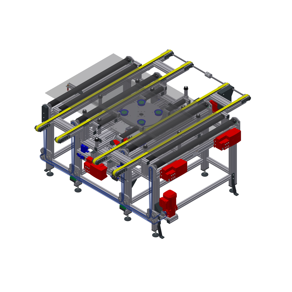 Corner belt conveyor including 90° turning station (bidirektional) 4-belts